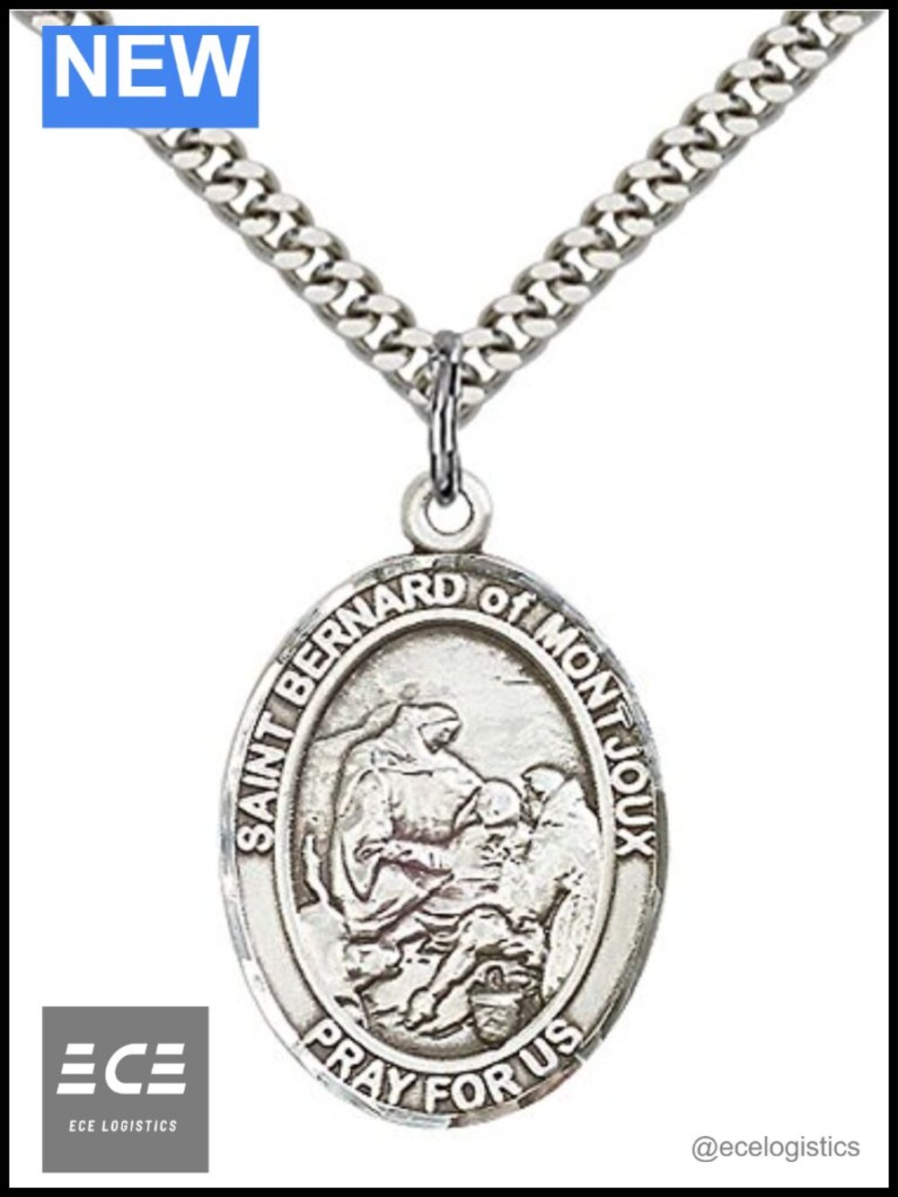 Sterling Silver St. Bernard of Montjoux Pendant 24" Stainless Steel Curb Chain